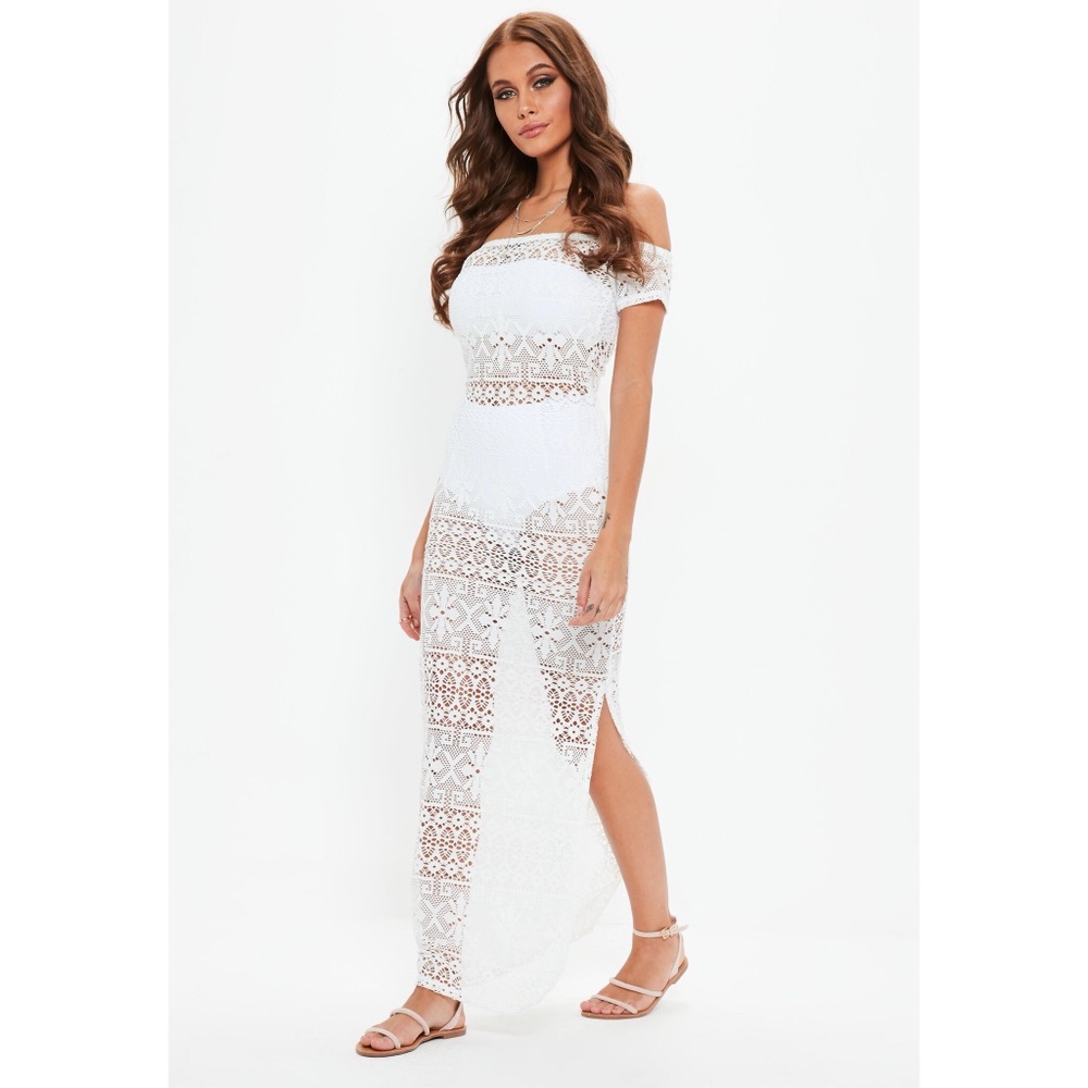 White Crochet Bardot Maxi Dress